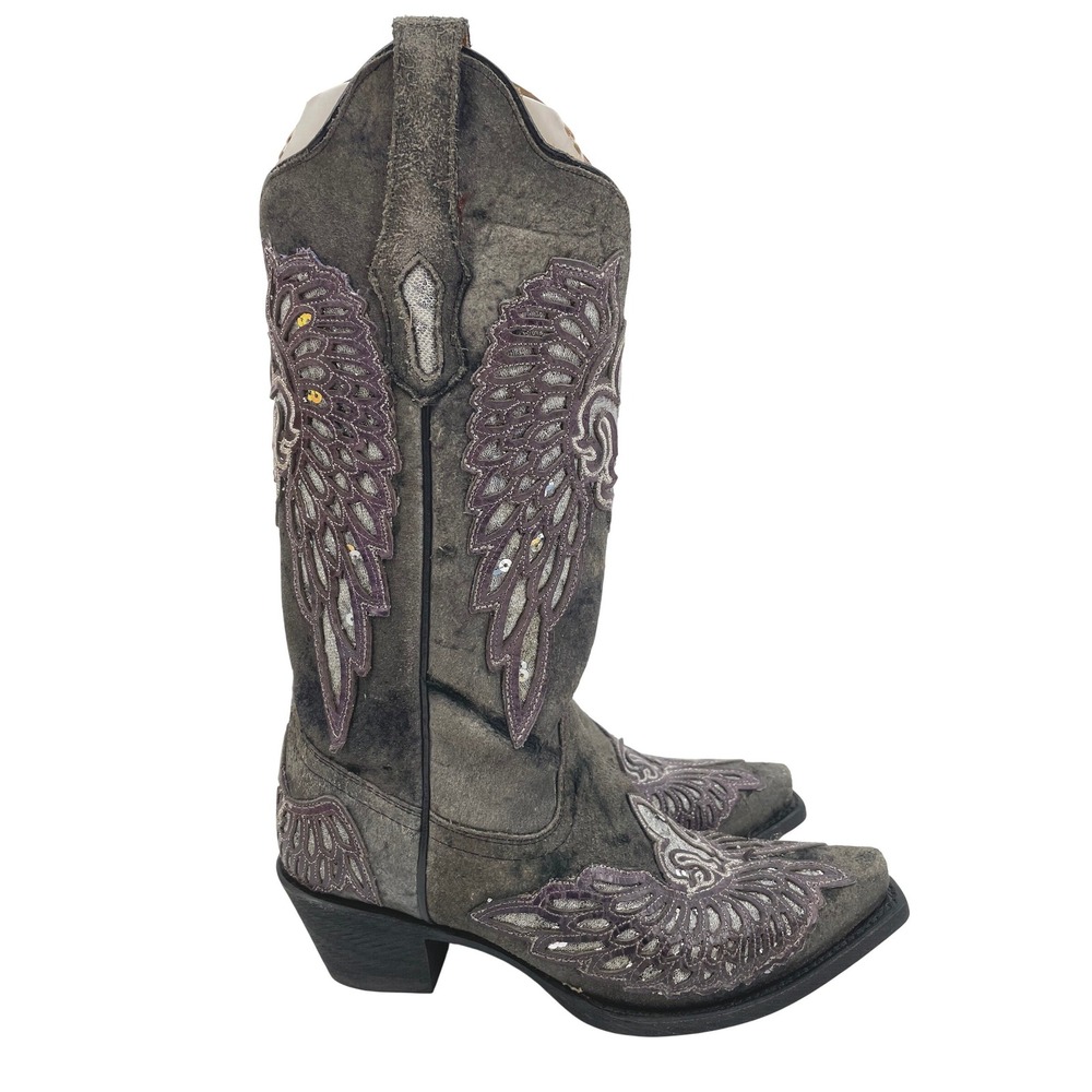 Corral Boots Cowgirl Womens 6.5 Black Leather Purple Silver Wing Sequin Western